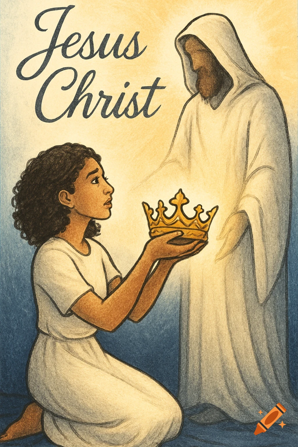 An illustration of a woman kneeling and offering a golden crown to Jesus Christ, rendered in a soft, bright art style.