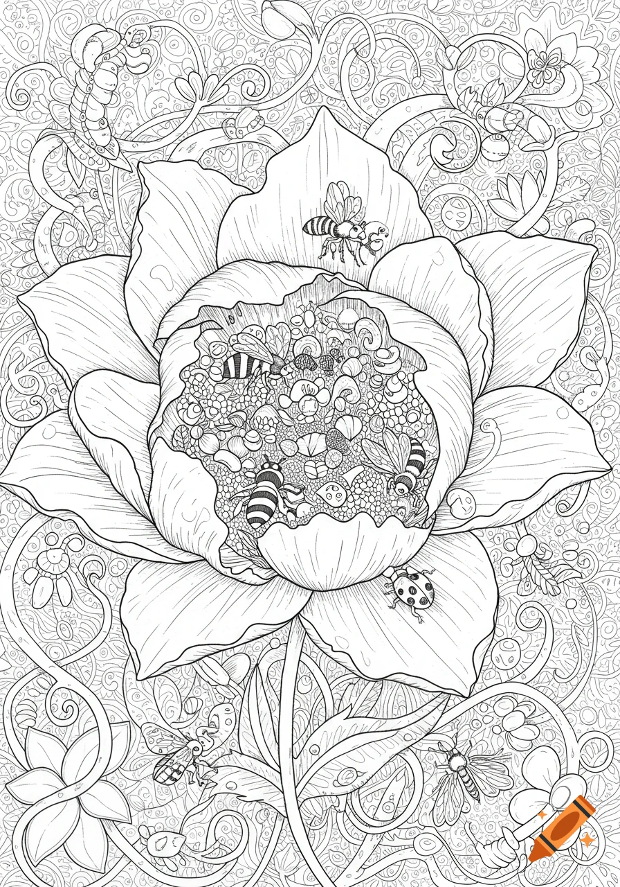 Detailed black and white coloring page of a large flower filled with bees, a ladybug, a caterpillar, and other insects, surrounded by intricate floral patterns.