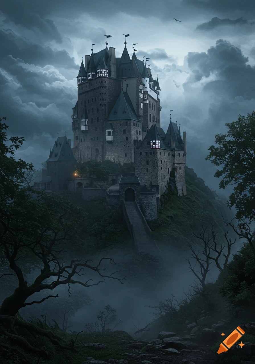 A towering, dark stone castle with many spires sits on a misty, tree-covered hill under a dramatic, cloudy sky, with a path leading to its entrance.