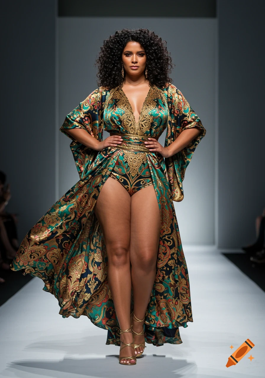 Curvy mixed-race fashion model on a runway in a flowing green and gold patterned gown with high slits. Photorealistic.