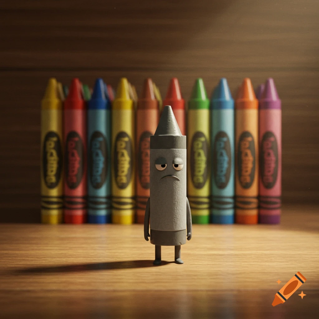 A sad grey crayon stands alone in front of a row of colorful crayons, on a wooden surface in a cartoon style.