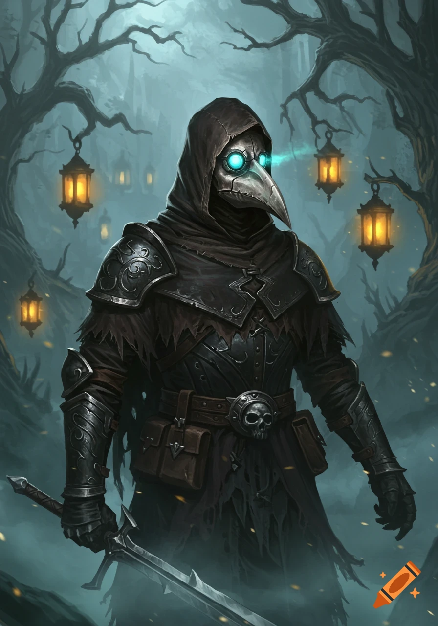 A plague doctor knight in dark armor with glowing blue eyes, holding a sword in a misty, dark forest with hanging lanterns.