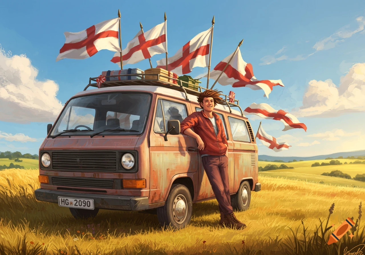 An illustration of a smiling man leaning against a rustic van adorned with England flags, parked in a golden field under a blue sky.