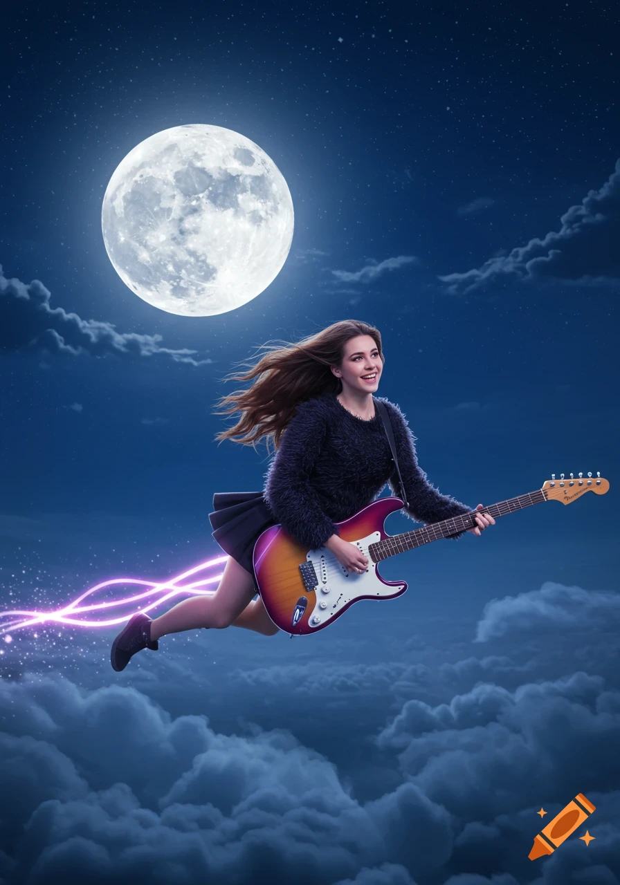 A young woman with long hair flies through a starry night sky with a full moon, playing an electric guitar.