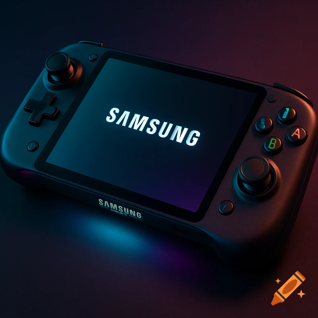A sleek black handheld gaming console with a glowing screen displaying "SAMSUNG", with colorful buttons and analog sticks.