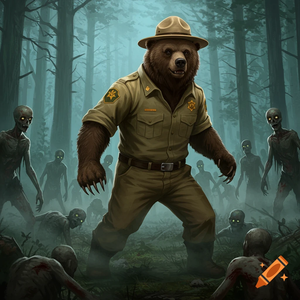 A formidable anthropomorphic bear park ranger in uniform stands in a misty forest surrounded by menacing zombies, in a stylized illustration.