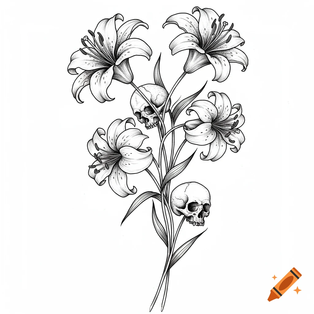 Black and white tattoo-style illustration of lilies with human skulls, rendered in line art with stippling.