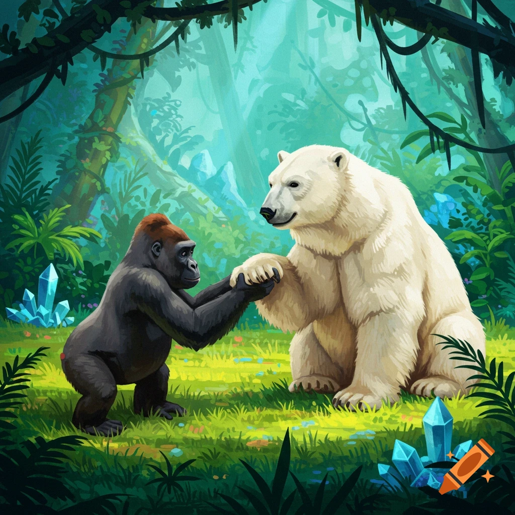 An illustration of a black gorilla and a white polar bear holding hands in a vibrant green jungle with blue crystals.