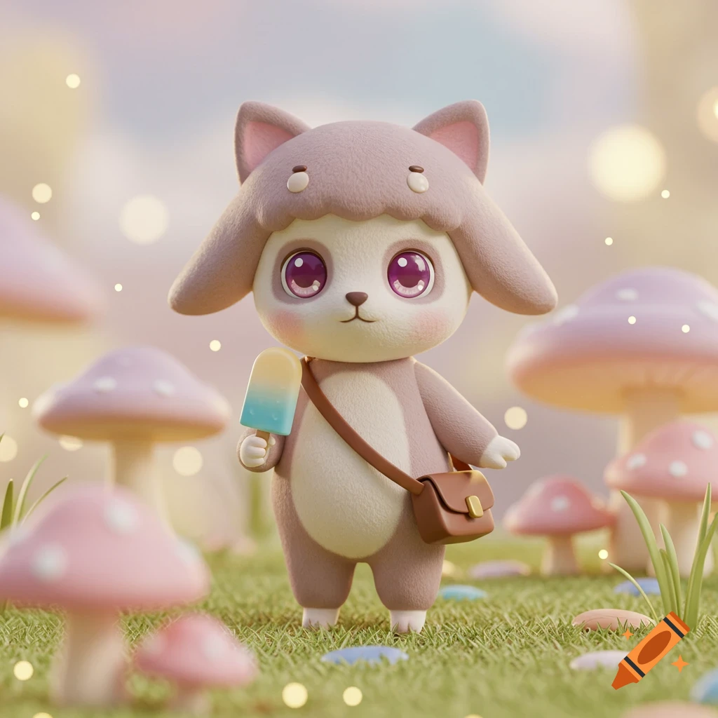 A cute, fluffy, pastel 3D cartoon character holding a blue and yellow popsicle in a whimsical mushroom forest.