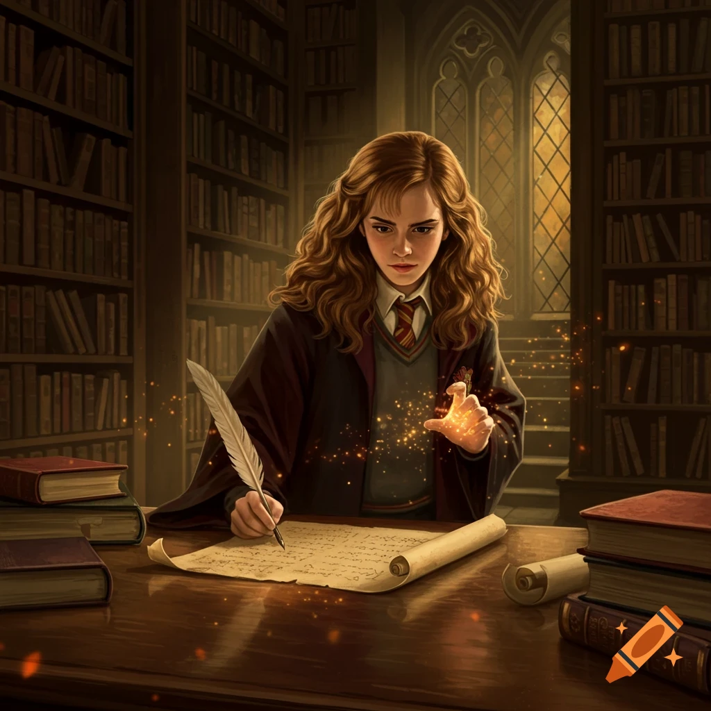 Hermione Granger in a library, writing on a scroll with a quill, while glowing magic emanates from her other hand.