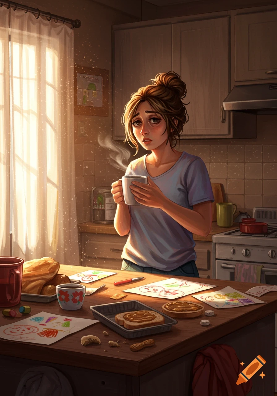 An illustration of a tired woman holding a coffee cup in a sunlit kitchen, surrounded by children's drawings and breakfast items.