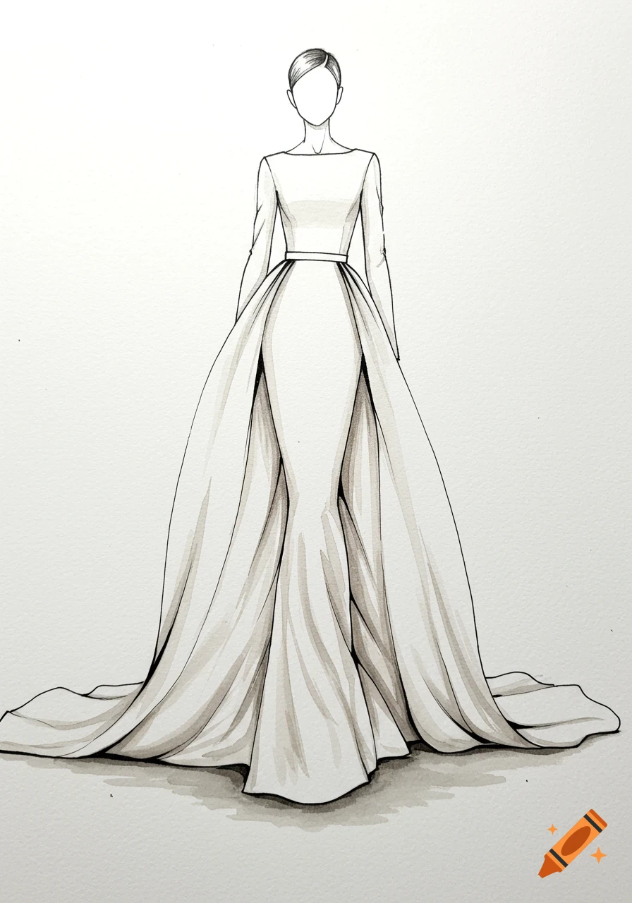 A detailed fashion illustration of an elegant white long-sleeved dress with a fitted bodice and a full, flowing skirt.