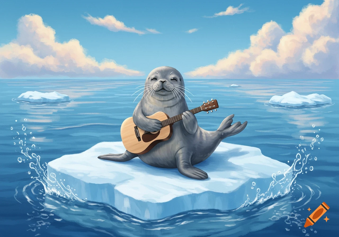 A cute cartoon seal sitting on a small iceberg, happily playing an acoustic guitar in the middle of a blue ocean with clouds.