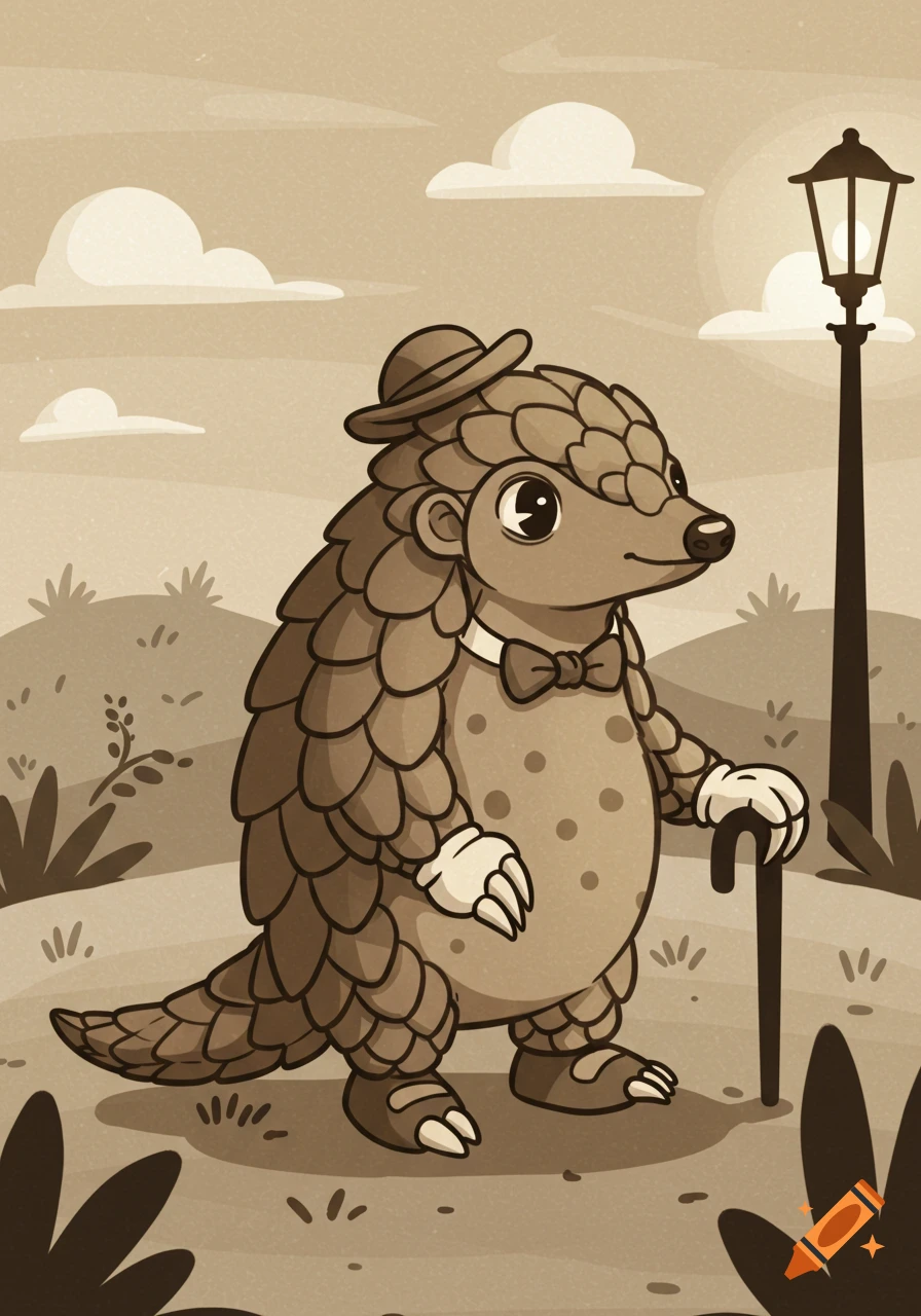 Cartoon pangolin in a bowler hat, bow tie, and cane, walking through a sepia-toned landscape with a lamppost.