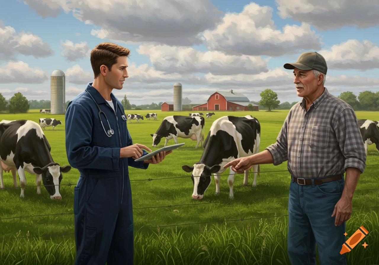A veterinarian in blue coveralls talks with a farmer in a plaid shirt on a farm with cows grazing in a green field.