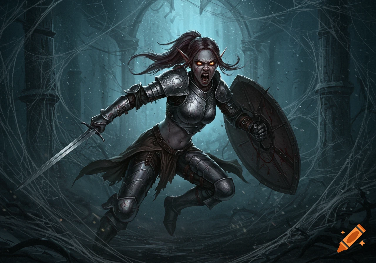 A fierce female elf warrior in plate armor snarls, wielding a sword and shield in a dark, spiderweb-filled ruin.