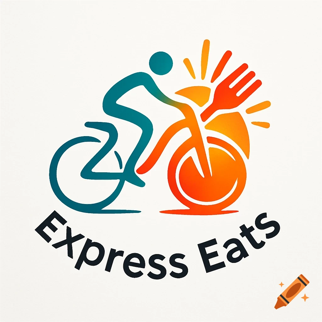 Colorful logo featuring a person riding a bicycle with a fork as the front wheel, and the text 'Express Eats' below.