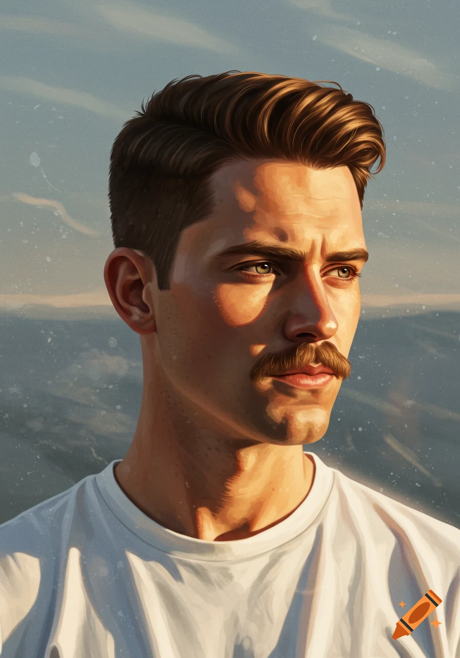 Digital painting of a young man with a brown crew cut and mustache, in profile, looking right, with warm sunlight on his face.
