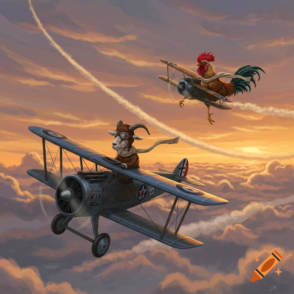 Whimsical illustration of a goat piloting a biplane with a rooster flying another biplane above, at sunset.