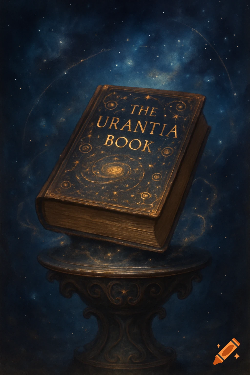 An ornate, old book titled 'THE URANTIA BOOK' resting on a decorated pedestal against a deep blue starry cosmic background.