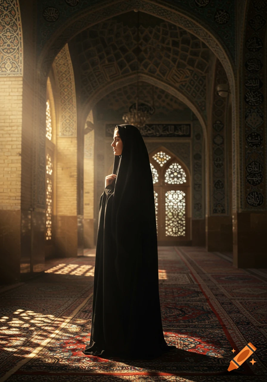 A woman in a black chador stands in a sunlit mosque hallway with ornate Islamic architecture.