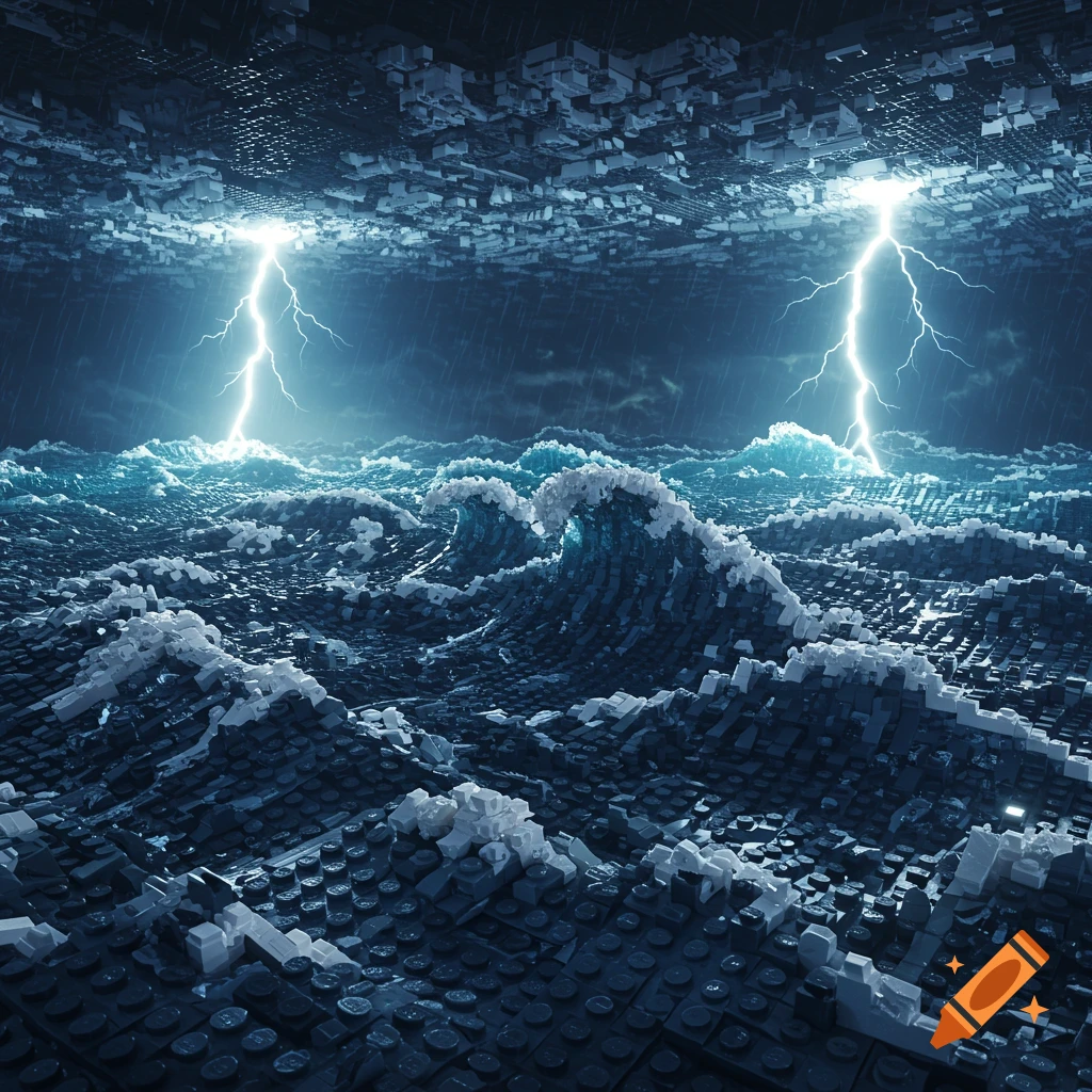A dramatic stormy Lego sea with towering waves, bright lightning strikes, and rain.