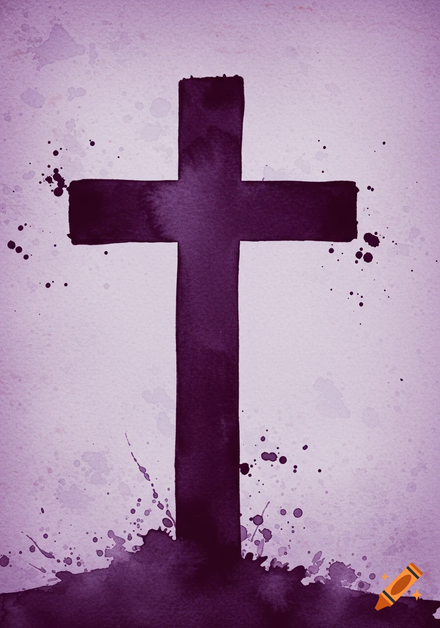 A dark purple watercolor cross with paint splatters on a lighter purple background.