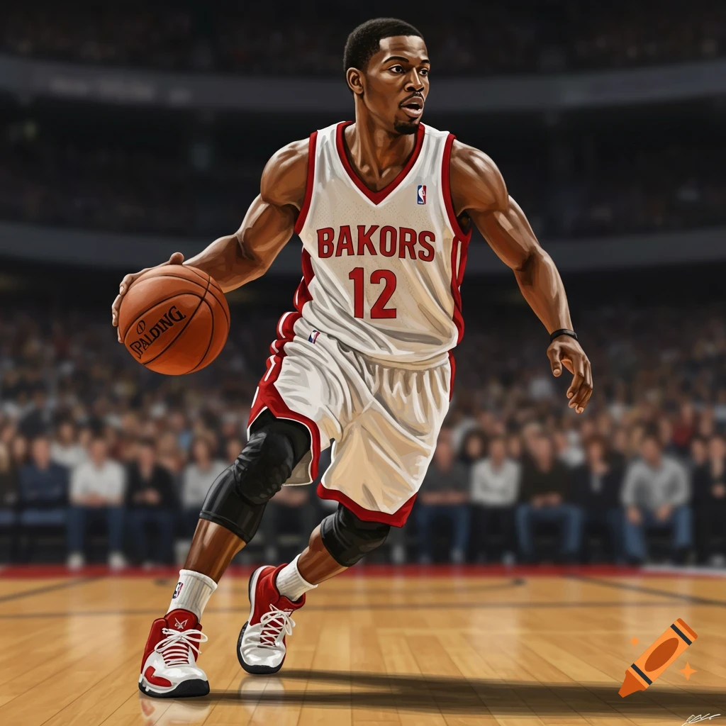 Semi-realistic digital painting of a muscular basketball player in a red and white jersey dribbling a ball on a court.