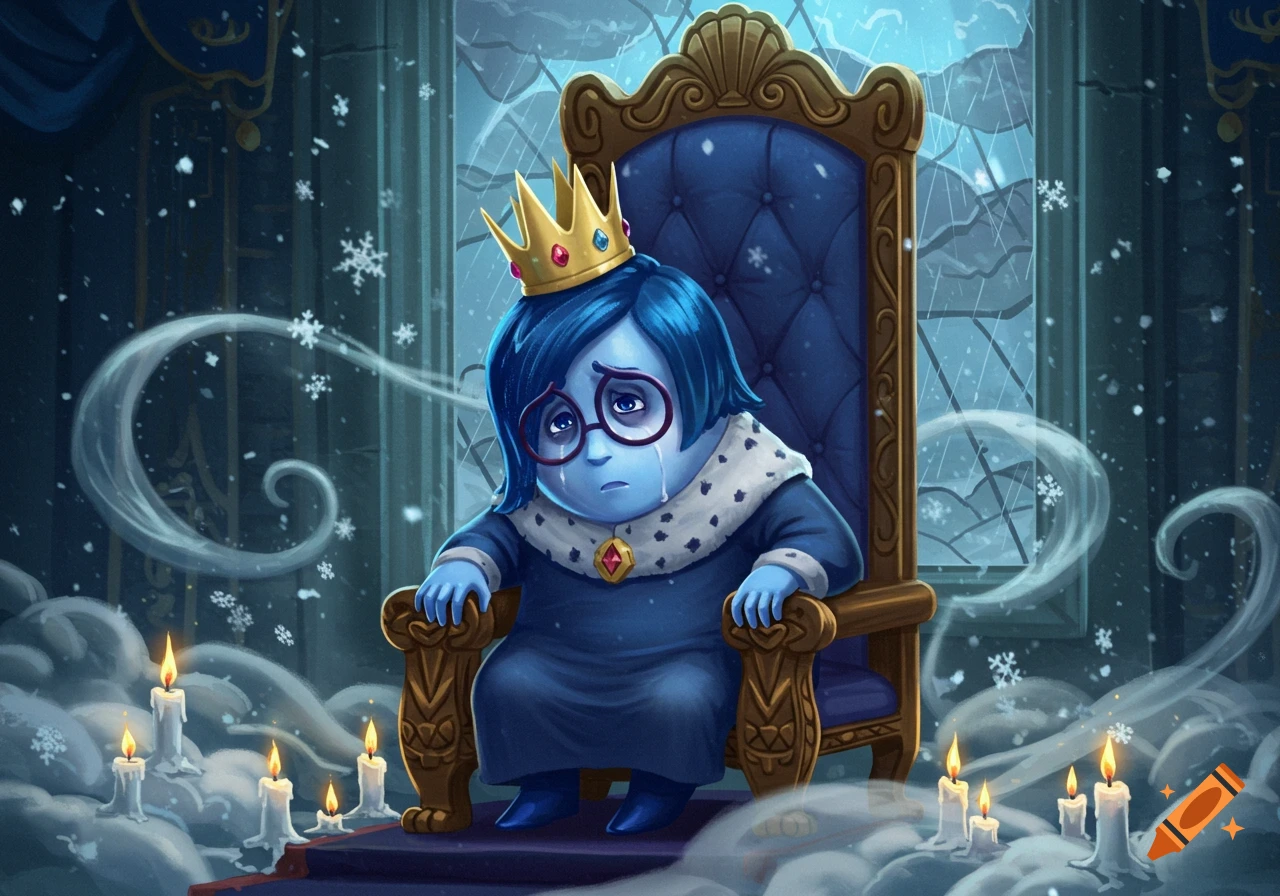 A sad blue cartoon character wearing glasses, a crown, and a royal robe sits on a throne in a snowy castle, surrounded by lit candles and swirling mist.