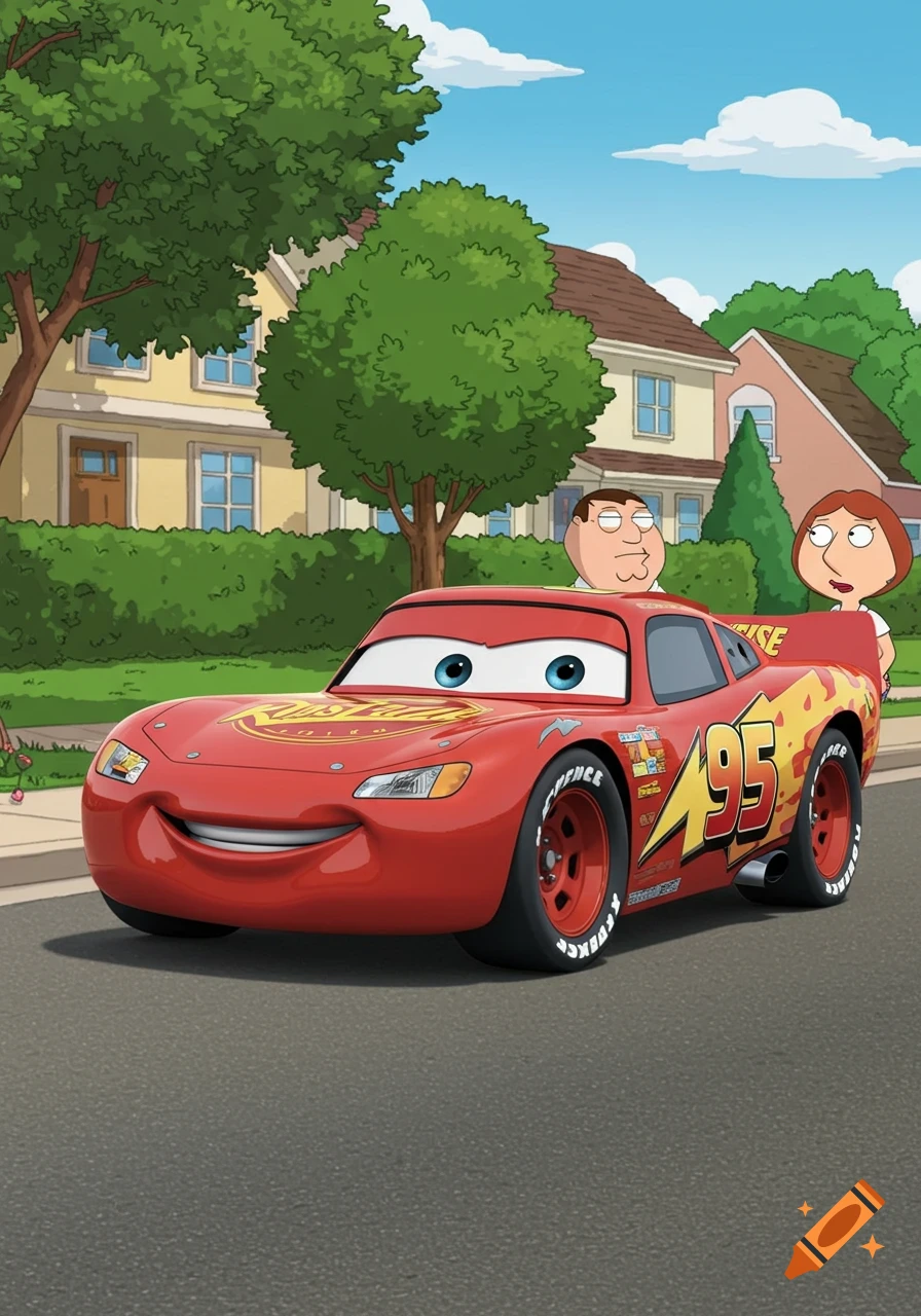 Lightning McQueen smiling in a neighborhood street with Peter and Lois Griffin peeking over his back, in a cartoon crossover style.