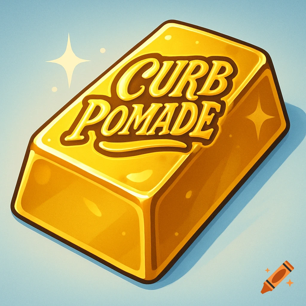 A cartoon-style golden bar with 'CURB POMADE' embossed on its surface, sparkling against a light blue background.