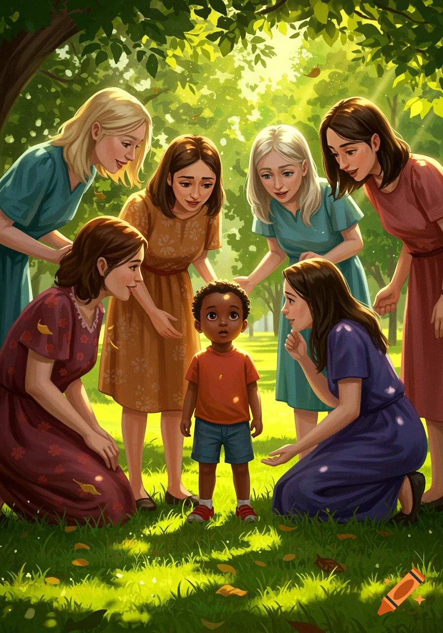 An illustrated scene of a small black boy looking up, surrounded by six kind white women in a sunlit green park.