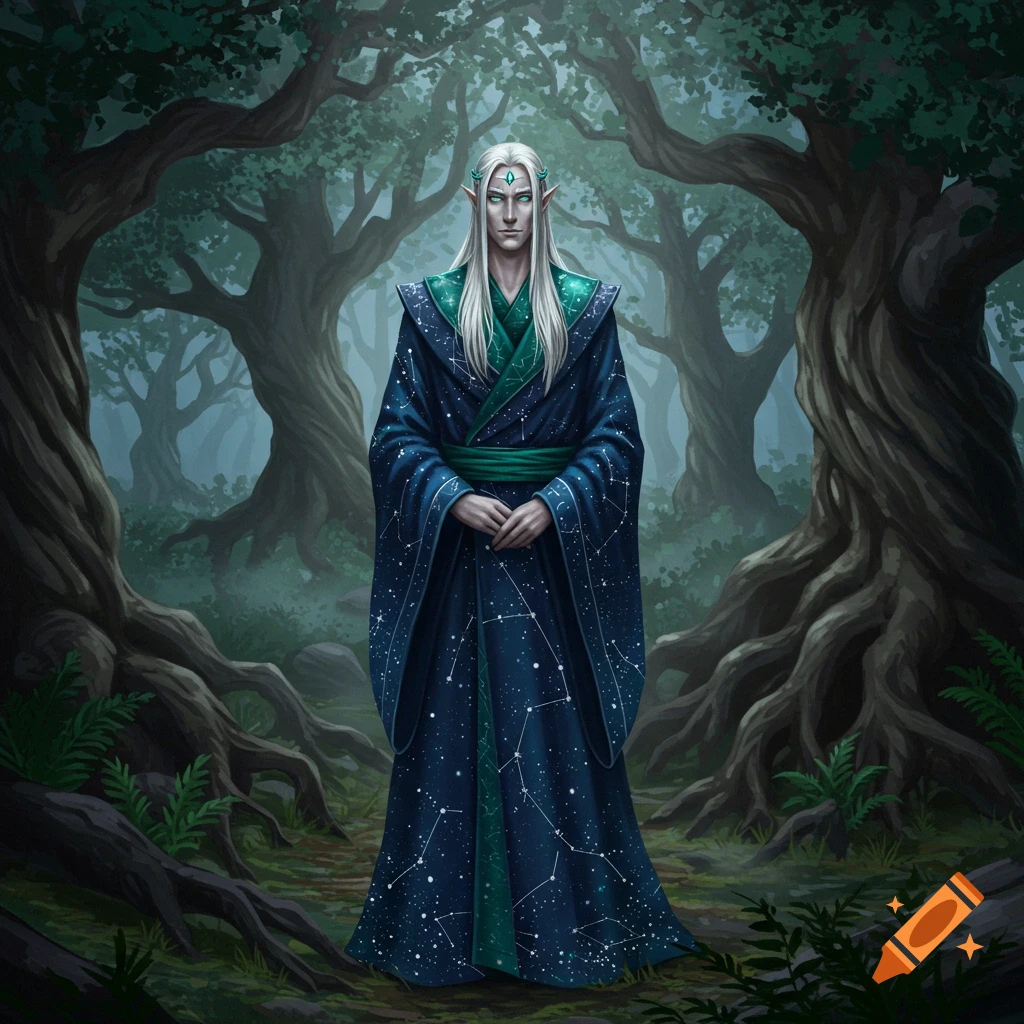 An elegant male elf with long white hair and pointed ears, wearing a star-patterned blue robe, stands in a mystical forest.