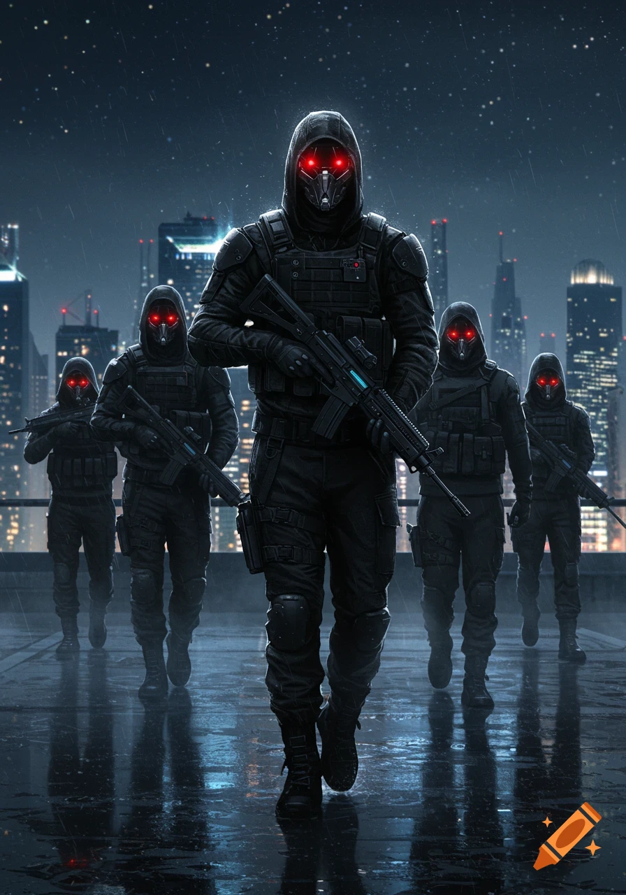 A squad of hooded, masked figures with glowing red eyes and assault rifles stands on a wet rooftop at night, with a cyberpunk city skyline in the background.