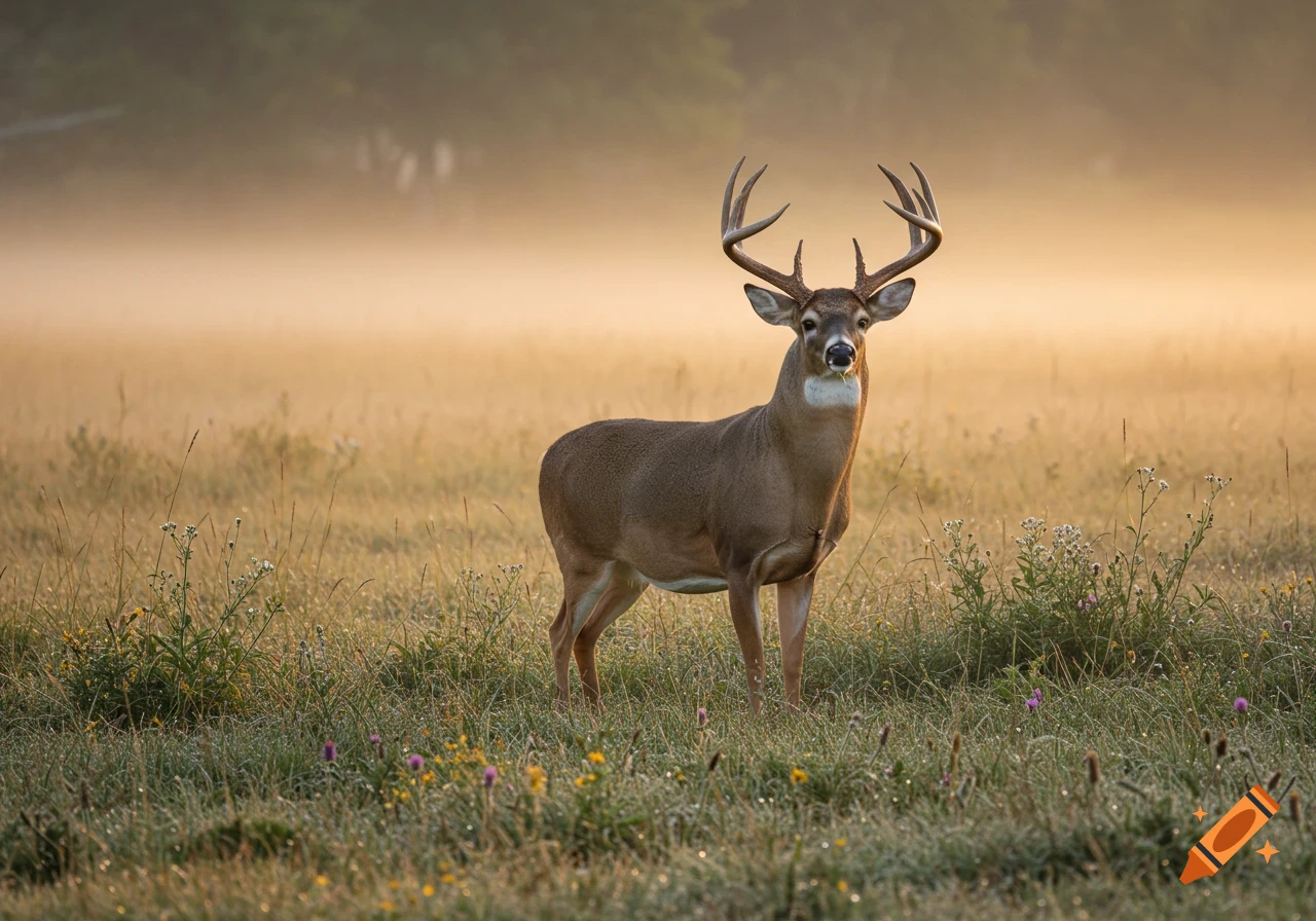 A majestic white-tailed deer buck stands in a misty field at sunrise, looking towards the viewer.