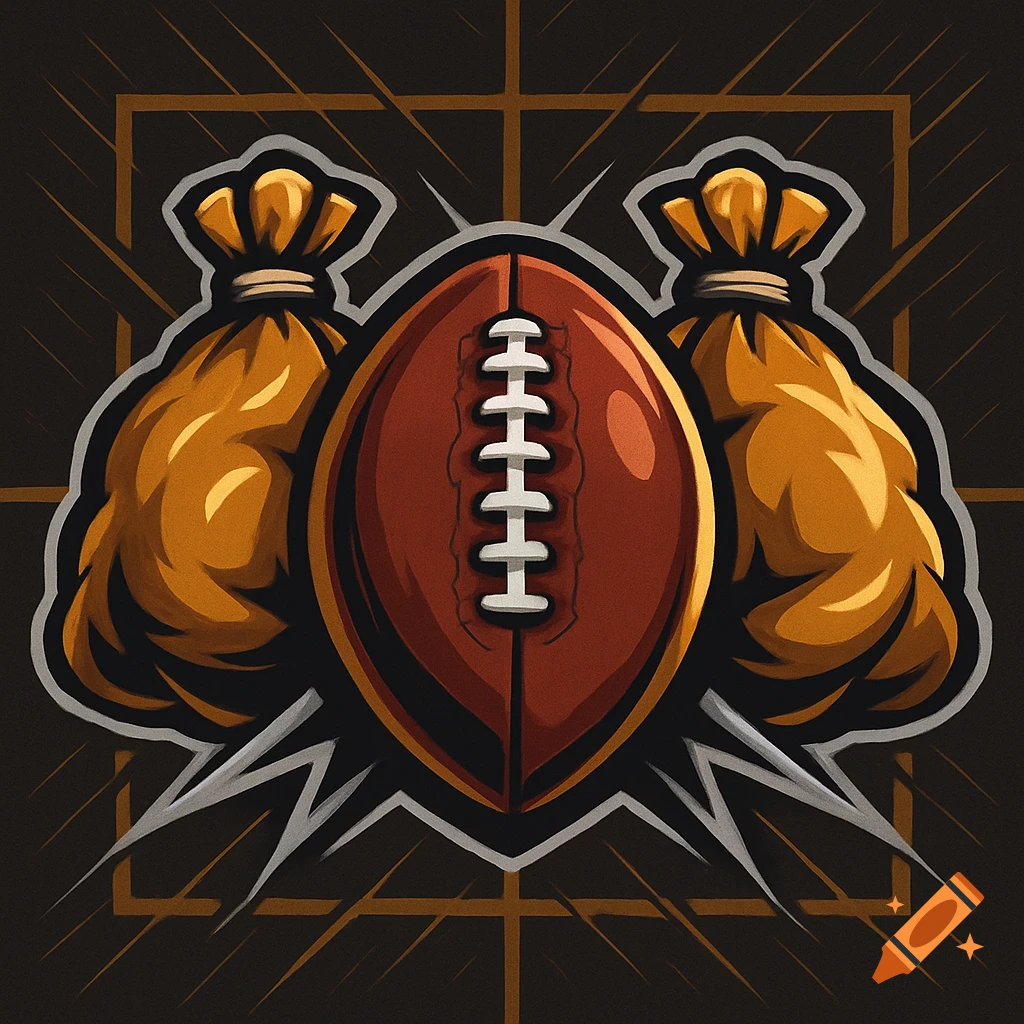 A stylized logo featuring a brown football centered between two golden money bags, with sharp grey accents and a dark background.