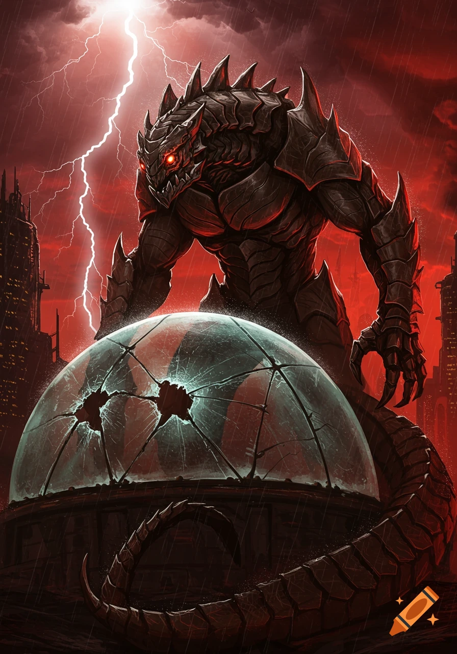A large, armored monster with glowing red eyes stands over a shattered glass dome in a city under a stormy red sky with lightning.
