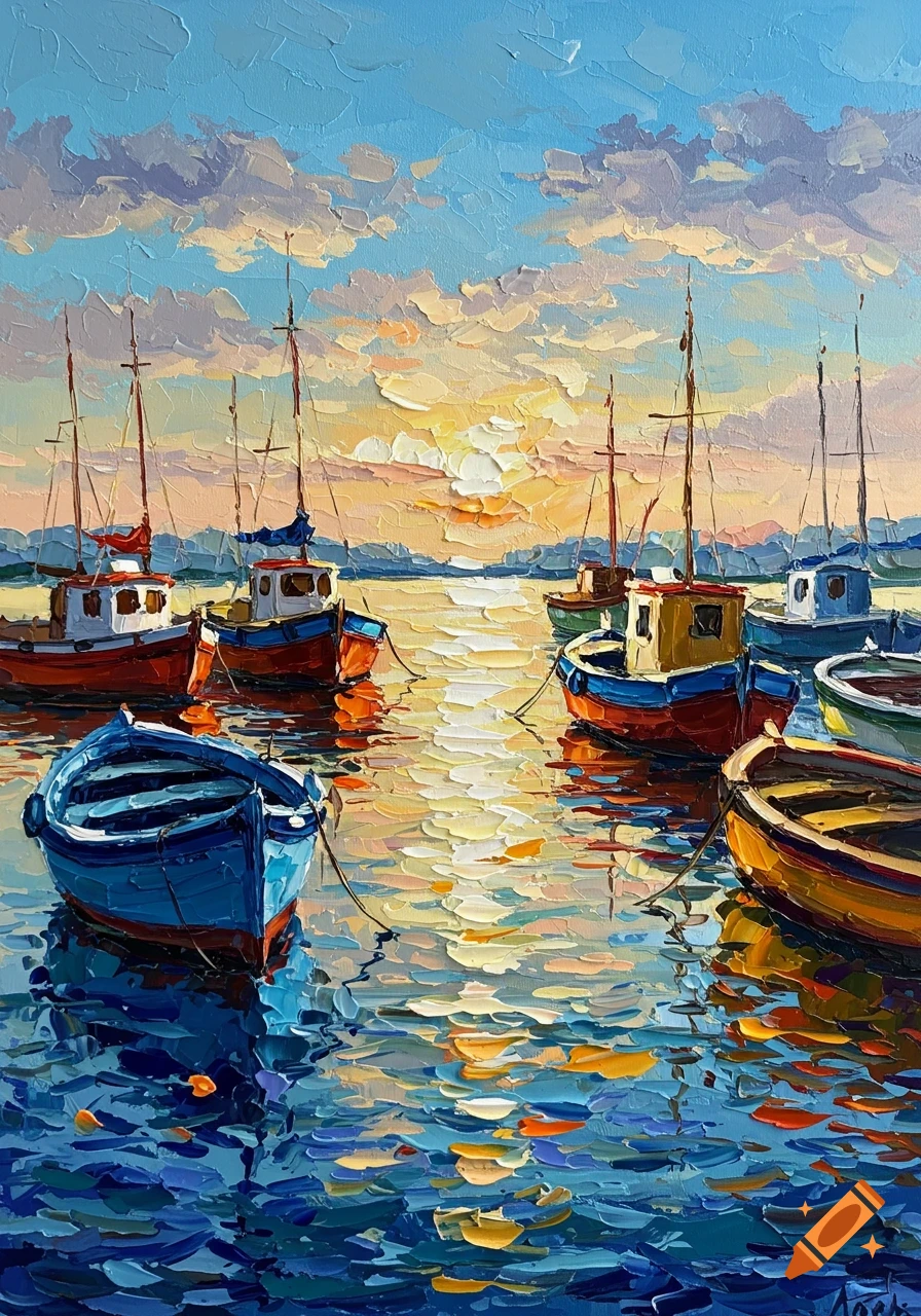 Palette knife painting of colorful boats moored in a harbor at sunset, with golden light reflecting on the water.