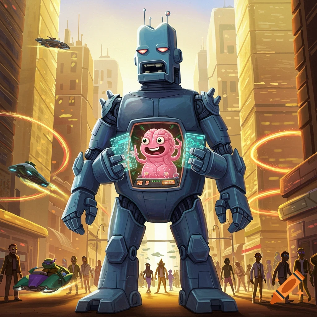 A giant blue cartoon robot with a happy pink brain creature controlling it from its chest, in a futuristic city with flying vehicles.