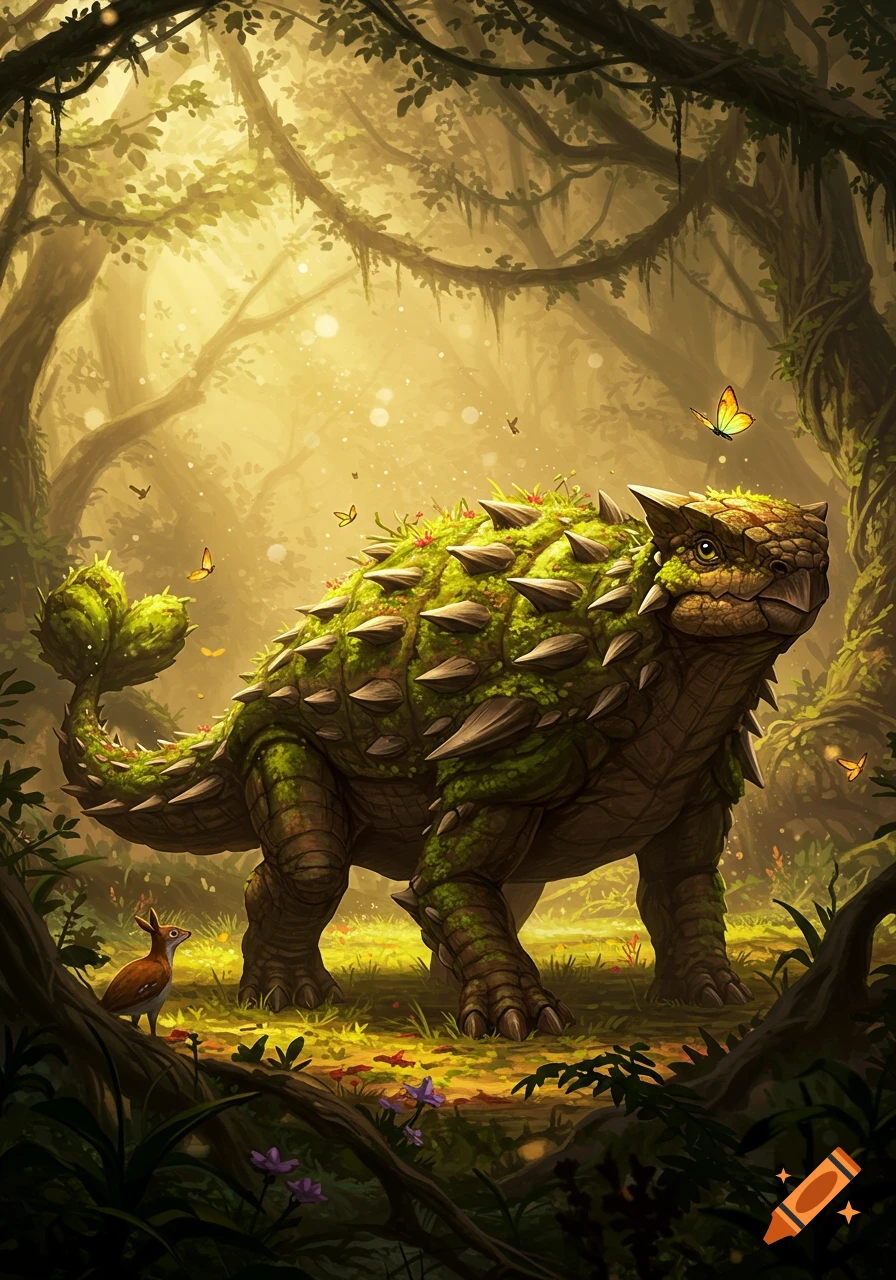 A vibrant illustration of a green, spiky ankylosaurus-like dinosaur in a lush, sunlit jungle with a small deer-like creature and butterflies.