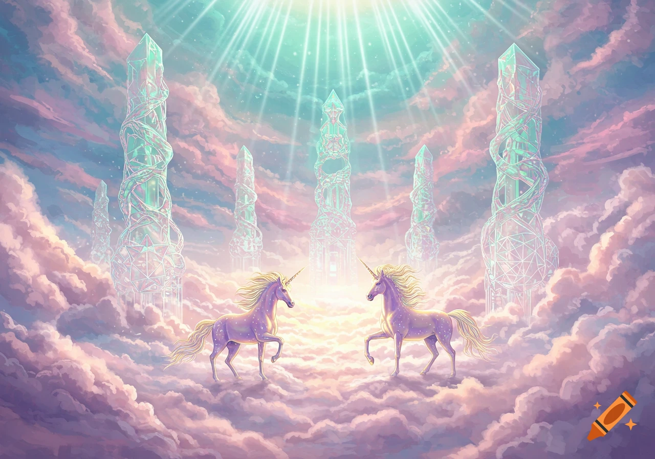 Two luminous unicorns on pink and purple clouds under towering glowing crystal structures in a radiant, dreamy sky.