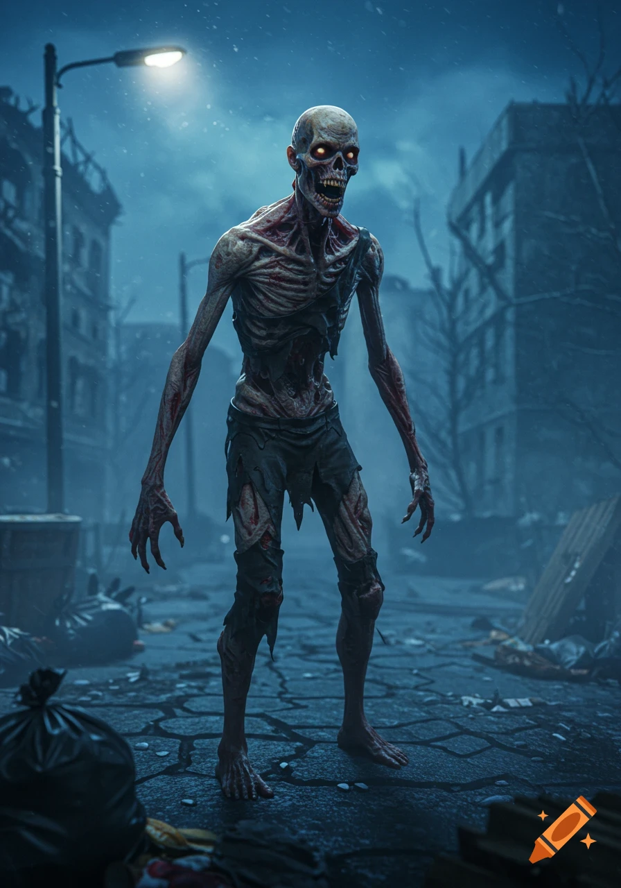 A terrifying 3D rendered zombie with glowing eyes and tattered clothes stands in a desolate, snowy city street at night.