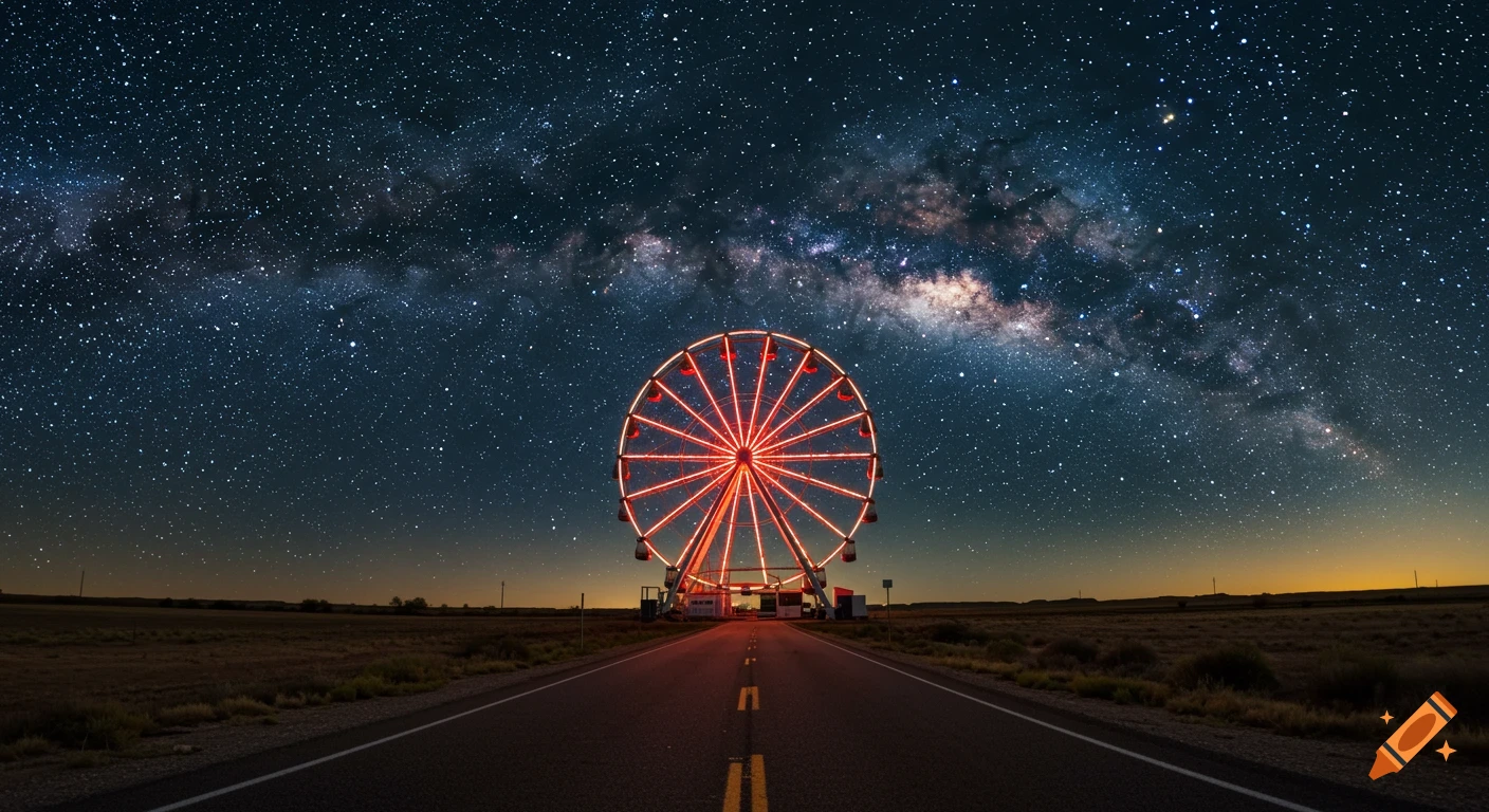 A long road leads to a glowing red Ferris wheel under a vibrant starry night sky with the Milky Way.