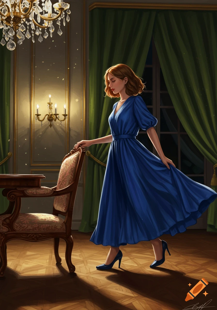 Elegant woman in a blue dress stands in a dimly lit, formal room with a chandelier and green curtains, digital art style.