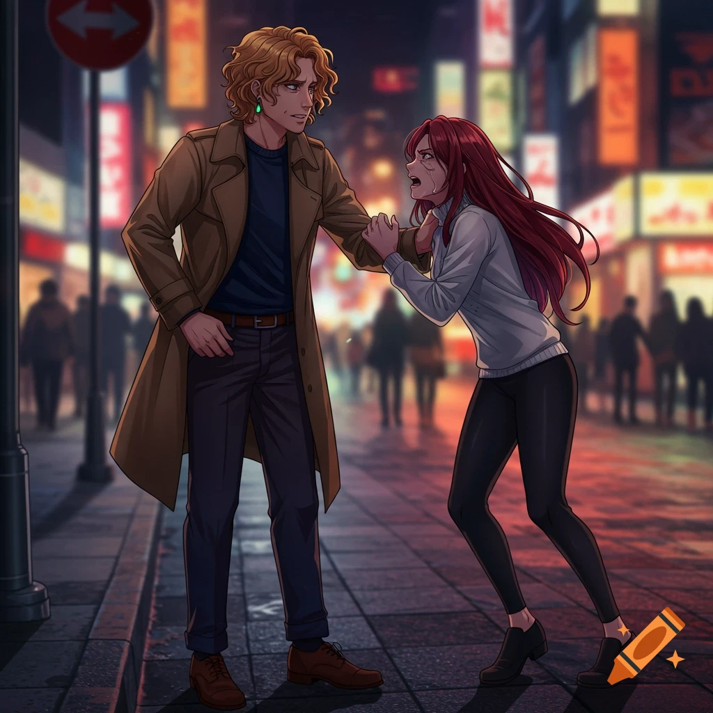 An anime couple argues on a city street at night. A distressed man holds the wrist of a crying woman with red hair, trying to calm her.
