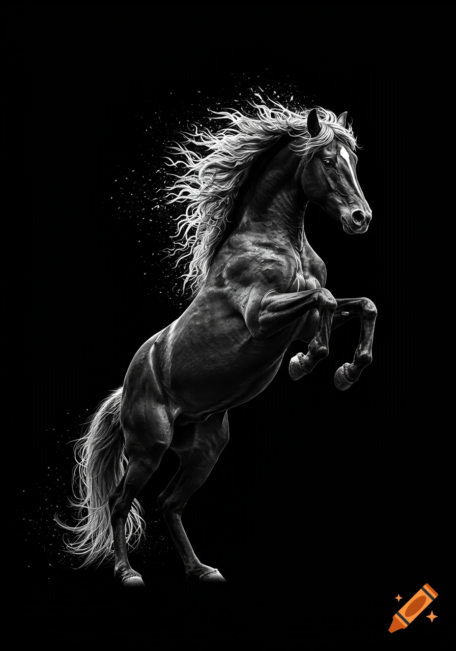 A powerful black and white stallion rears, its flowing mane and tail dissolving into wisps against a dark background.