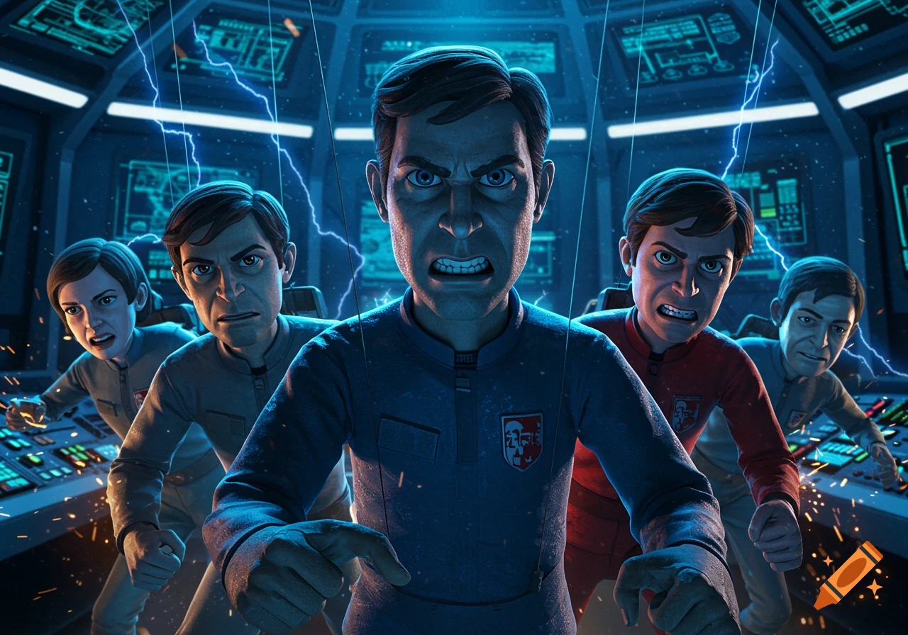 A group of angry, puppet-like animated characters in a tense spaceship control room, surrounded by blue lightning.