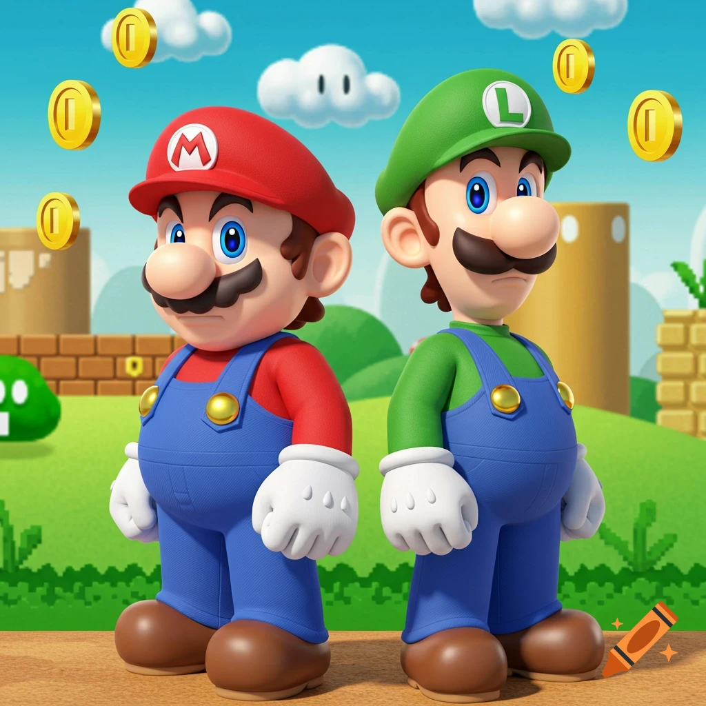 Mario and Luigi stand side-by-side in a vibrant 3D Super Mario Bros. world, surrounded by floating coins and classic landscape elements.