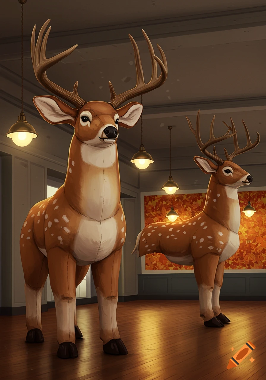 Two large, plush-like deer costumes with antlers stand in a warmly lit room with an autumn leaf-patterned background.