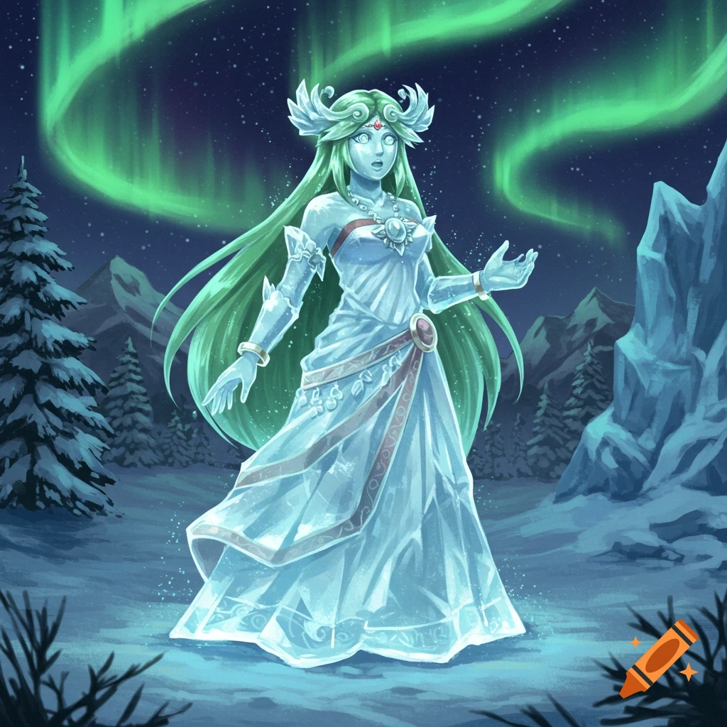 A stylized anime-like goddess, Palutena, as a surprised ice statue in a snowy forest under the northern lights.